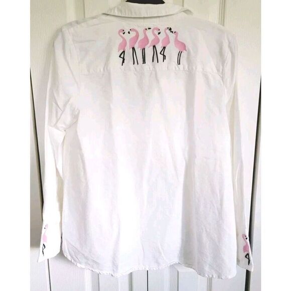 Crown & Ivy M Button Front Shirt White Embroidered Pink Flamingos L/S‎ Cotton - Picture 1 of 10